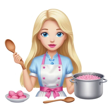 Cinematic realistic beautiful blonde with long hair, blue eyes and pink lips in a white dress cooks sticker