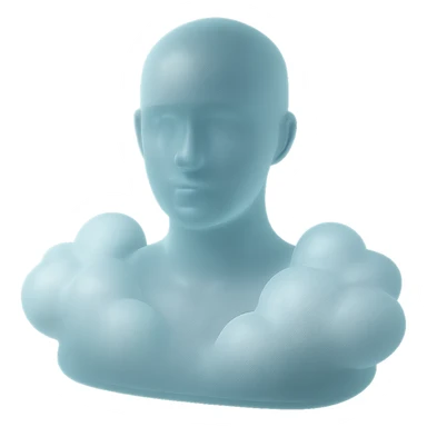 person looking straight ahead, shoulders filled with puffy white clouds, matte glass style sticker