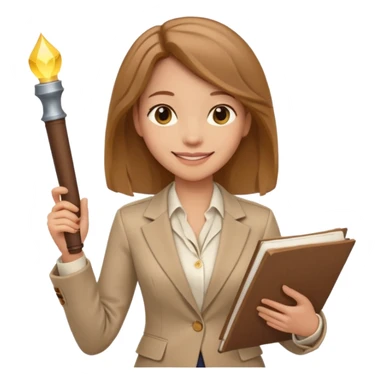 confident female mentor with shoulder-length light brown hair, smiling, smart blazer and blouse, holding scroll as quest guide sticker