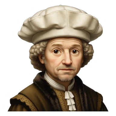 emoji of rembrandt,-shown-as-a-master-artist-with-deep,-introspective-eyes-and-richly-detailed-period-clothing,-rendered-with-dramatic-chiaroscuro-lighting-that-emphasizes-his-legacy white puffy hat sticker