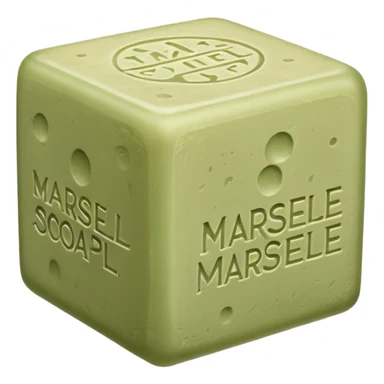 single cube of traditional Marseille soap, matte slightly rough surface, pale olive-green color, embossed classic markings on sides, natural imperfections like air bubbles and uneven edges, no packaging or extras, soft lighting, subtle shadows, emoji scale sticker