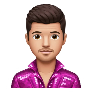 Robin Thicke with dark brown hair, dark pink sequin outfit, light skin sticker