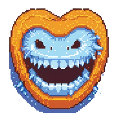 Pixel art blue freezing face with chattering teeth and ice crystals sticker