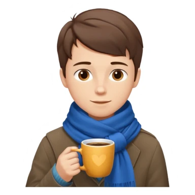 a boy with short hair, having scarf,  drink coffee, enjoy sticker