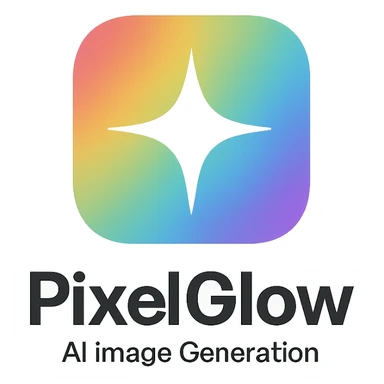 modern minimal logo for an AI image generation app called PixelGlow, featuring a rounded square with a smooth rainbow gradient background, central crisp white sparkle or geometric starburst icon, evoking creativity, magic, and glow, clean, professional, tech-friendly, and fun sticker
