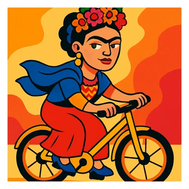Frida Kahlo riding a bicycle, vibrant colors, floral headpiece, expressive face, artistic style sticker
