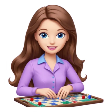 beautiful barbie girl with long brown hair, blue eyes and wearing light purple clothes playing board games sticker