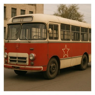 Old Soviet bus, rounded edges, red star emblem, vintage USSR public transport sticker