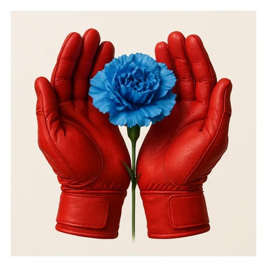 Two red batting gloves, palms facing out and held together, artistically forming a blue carnation flower. sticker