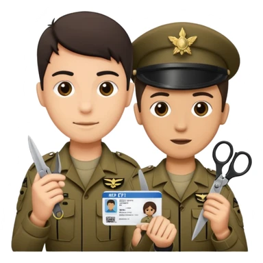 black Scissors cutting an idf soldier ID card in 2 parts .hyper realistic sticker