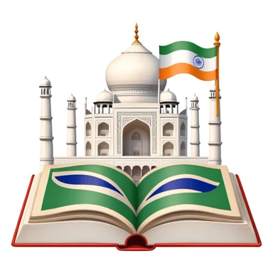 An icon featuring the Taj Mahal and the flag of India, symbolizing the Hindi language. The design includes an open book with Hindi script, representing language learning and cultural richness. Transparent background highlights the heritage of India. sticker