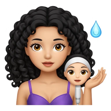 Uma boneca morena com olhos castanhos e cabelo cacheado longo preto, fazendo skin care sticker