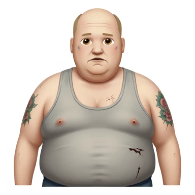 extremely morbidly obese middle aged white man in wifebeater with  dirty appearance. His hair is balding and grey and greasy sticker