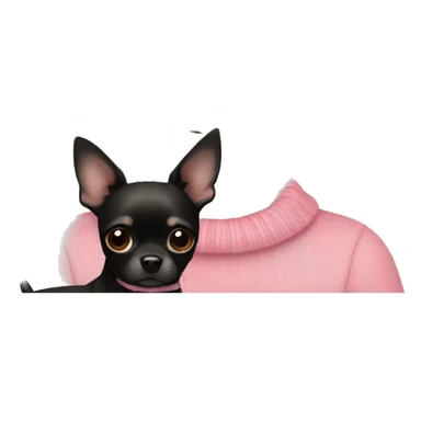 Girl with dark brown curly hair and brown eyes in a pink sweater holding a black chihuahua  sticker