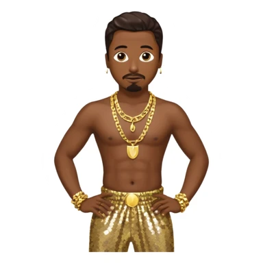 MC Hammer with dark brown hair, gold sequin harem pants, shirtless with necklace sticker