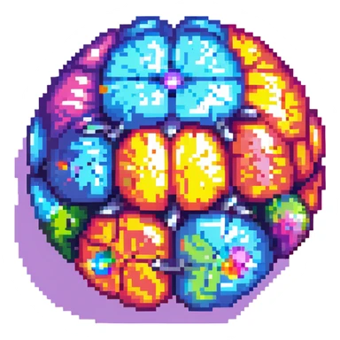 Add a colorful, vibrant core to the brain, making the center of the crystal brain glow with multiple bright colors, in pixel art style, with no background. sticker