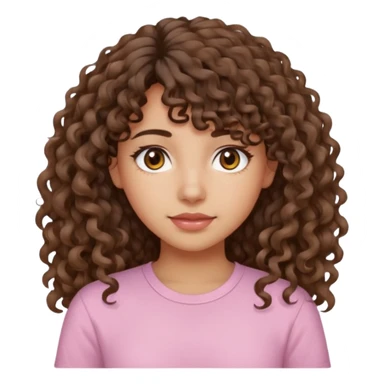 A Latina girl with brown eyes and long loose curly hair with curly bangs with a light pink shirt sticker