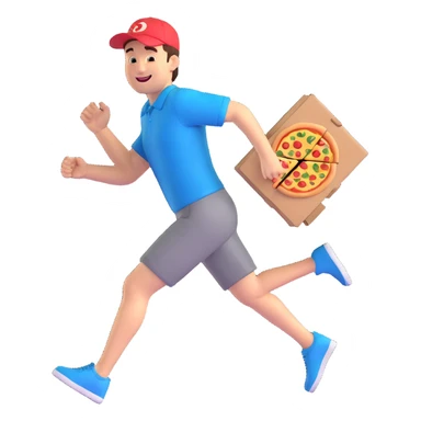a man running with a pizza box in his hands, smiling, 3D cartoon style, dynamic action pose sticker