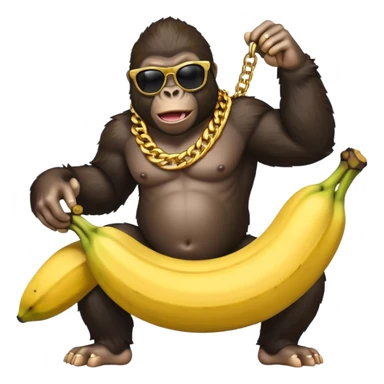 A realistic gorilla with cool shades and a gold chain riding a banana  sticker
