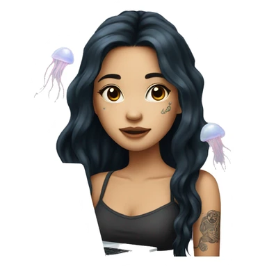 beautiful girl, with jellyfish tattoos, with long black hair, wavy hair, chinese, with laptop sticker