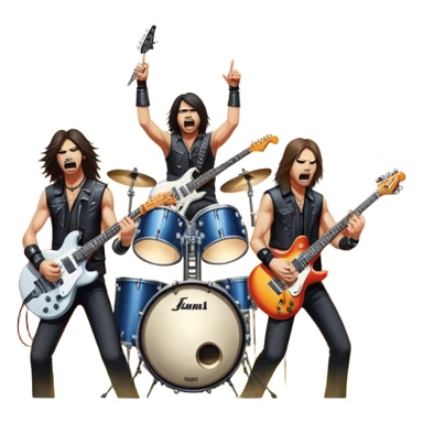 Icon for Heavy Metal Music: 4 men band on stage with electric guitars, drums and intense lighting. 4 Musicians headbanging, surrounded by energy and stage effects, capturing the power and intensity of a metal concert. Transparent background. sticker