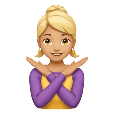 Yellow circle emoji smiling with one eye squinted with arms crossed over her neck, holding neck sticker