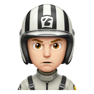 white male racer in helmet, crazy look, taking risks, very serious face, angry sticker