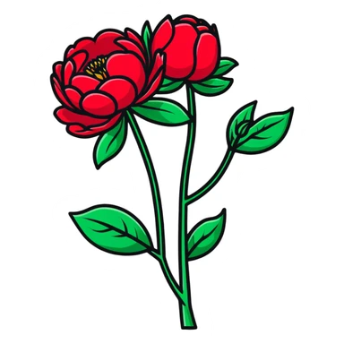 A single red peony flower with green leaves sticker
