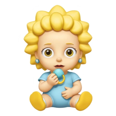 A 3D cartoon baby character fully yellow skin, styled like Maggie Simpson, with pacifier, big eyes, smooth shading, Memoji-style rendering, consistent with other yellow Simpsons characters. sticker