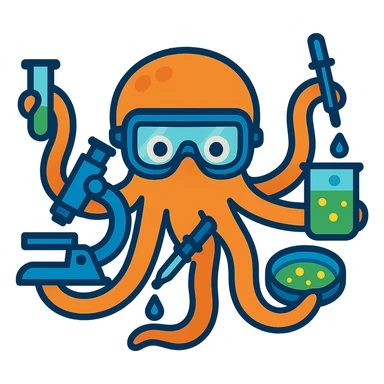 Add lab goggles to the octopus while keeping the science tools in each tentacle. The style should be vibrant and playful with a transparent background. sticker