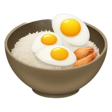 a bowl of rice with two eggs and two chicken sticker
