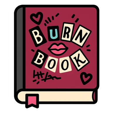 stylized icon of a Mean Girls burn book, burgundy color, with cut-out letters and doodles sticker