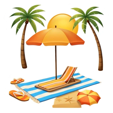 Icon for Beach Tourism: with the blue ocean, orange sunset, yellow sand beach and palm trees in the background, a sun umbrella, flip-flops, and a beach towel on the sand. The icon should represent relaxation and fun at the beach. Transparent background sticker