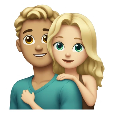 A 22-year-old plump boy, blue-green eyes, short brown hair hugs a girl with long wavy blond hair, blue-eyed sticker