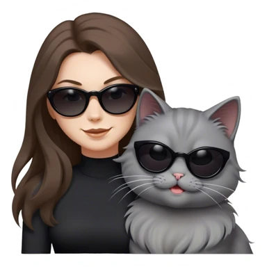 White woman with long brown hair wearing dark sunglasses and a black dress. She is smirking. next to her is a fluffy light grey cat who is also wearing dark sunglasses. The wind is blowing their hair and they are having fun sticker