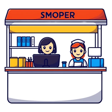 shop counter with register and clerk sticker