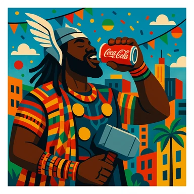Thor with dark skin, in African attire, drinking Coca Cola, vibrant scene, colorful, festive atmosphere, modern African city backdrop sticker
