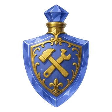 crystal elixir bottle in shield shape, color #7986cb, 🛠 symbol, ornate gold details, magical shine, floating, seamless bottom, transparent background, modern luxury, no shadow sticker