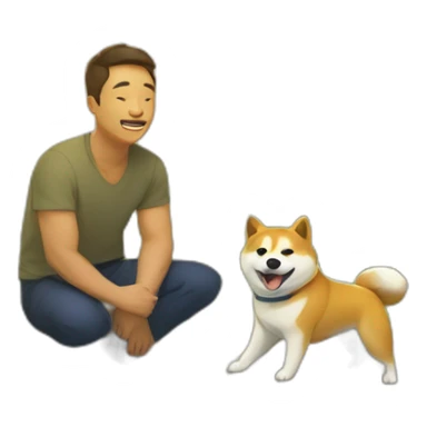 On a sunny day, a man squats by a stream, accompanied by a loyal Shiba Inu. sticker