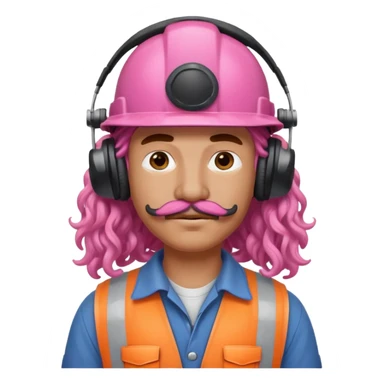construction worker with pink long curly hair and protective headphones and mustache sticker
