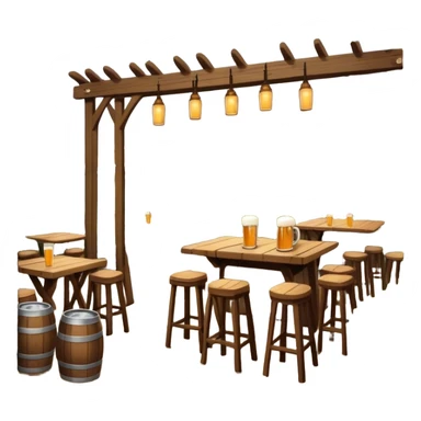 Cinematic Realistic Biergarten Pop Culture Emoji, showcasing a charming outdoor beer garden scene rendered with rustic details and inviting, soft lighting. sticker