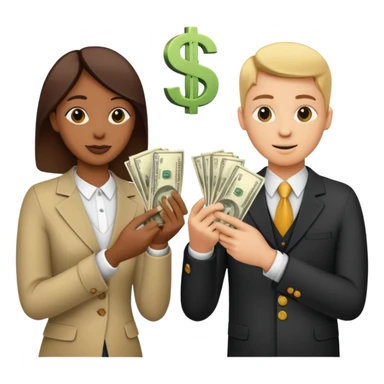 Two people exchanging money, with a dollar sign between them, symbolizing billing and financial transactions. sticker