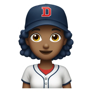 Dark hair girl who wearing navy ballcap emblazoned with a red D initial and wearing baseball uniform sticker