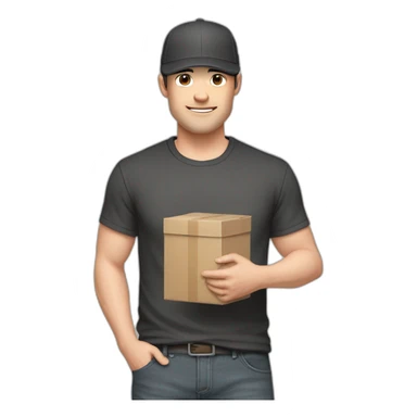 Pale skinned fit Man with dark brown hair in a black cap, gray jeans and brown polo T-shirt keeping a pasted with tape white box into his hands sticker