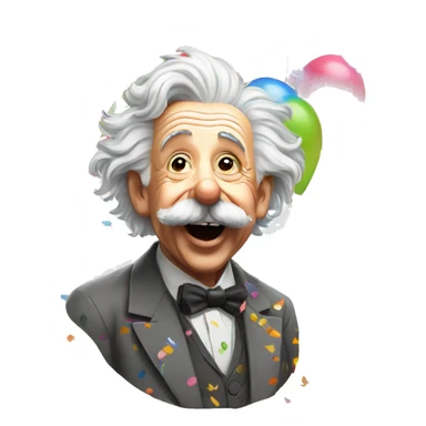 happy albert einstein with lots of colourful confetti and party balloons sticker