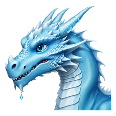 Cinematic wise elegant Ice Dragon Portrait Emoji, Poised and imposing, distinct long elegant snout, with a slender, scaled body shimmering in glacial hues of icy blue, frostbitten silver, and crystalline white, breathing out frost, with piercing, glowing ice blue white eyes that radiate the chilling depths of an arctic storm; rendered in detail. excuding wisdom sticker