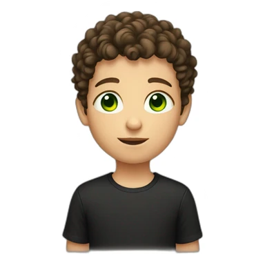 Young boy with short brown curly hair and black tee shirt and green eyes sticker