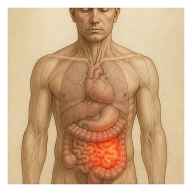 realistic anatomical illustration of human body with inflamed intestine, front view, inflammation with glowing red effect, vertical 9:16 format sticker
