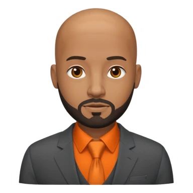 headshot of a sophisticated, stylish, bald head, small eyes Caribbean black man with a beard and goatee in a dark gray suit and orange shirt sticker
