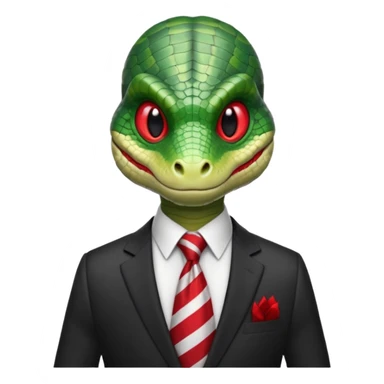 A green reptilian humanoid dressing a suit, striped red and white tie, human emoji style, his face is seriously, his eyes is similar to real viper snake eye sticker